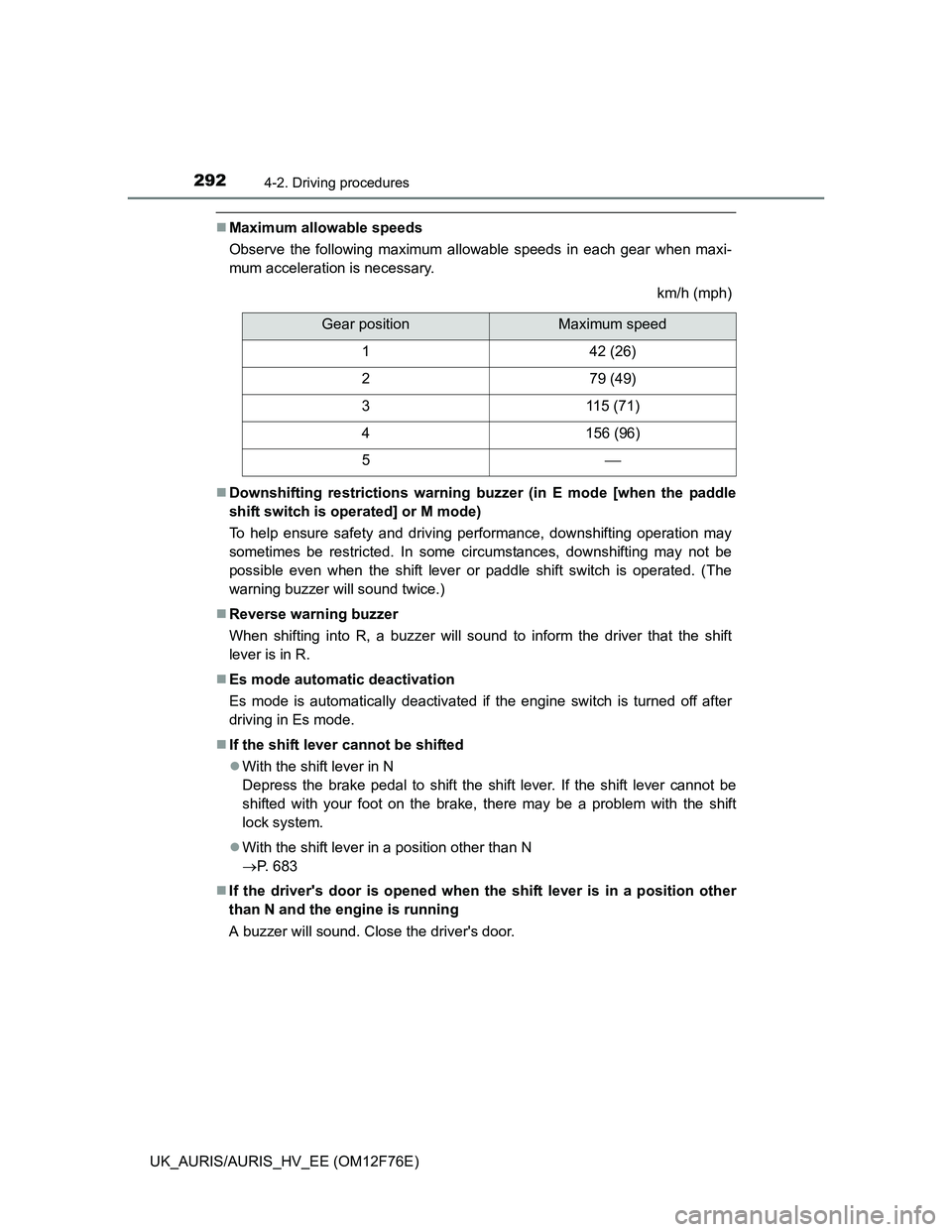 TOYOTA AURIS HYBRID 2013 Owners Manual 2924-2. Driving procedures
UK_AURIS/AURIS_HV_EE (OM12F76E)
Maximum allowable speeds
Observe the following maximum allowable speeds in each gear when maxi-
mum acceleration is necessary.
km/h (mph)
TOYOTA AURIS HYBRID 2013 Owners Manual 2924-2. Driving procedures
UK_AURIS/AURIS_HV_EE (OM12F76E)
Maximum allowable speeds
Observe the following maximum allowable speeds in each gear when maxi-
mum acceleration is necessary.
km/h (mph)