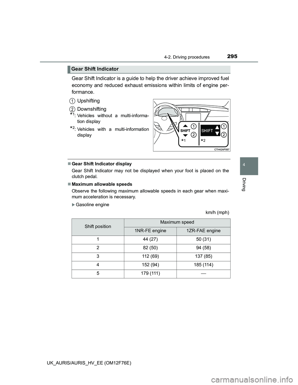 TOYOTA AURIS HYBRID 2013 Owners Manual 2954-2. Driving procedures
UK_AURIS/AURIS_HV_EE (OM12F76E)
4
Driving
Gear Shift Indicator is a guide to help the driver achieve improved fuel
economy and reduced exhaust emissions within limits of eng TOYOTA AURIS HYBRID 2013 Owners Manual 2954-2. Driving procedures
UK_AURIS/AURIS_HV_EE (OM12F76E)
4
Driving
Gear Shift Indicator is a guide to help the driver achieve improved fuel
economy and reduced exhaust emissions within limits of eng