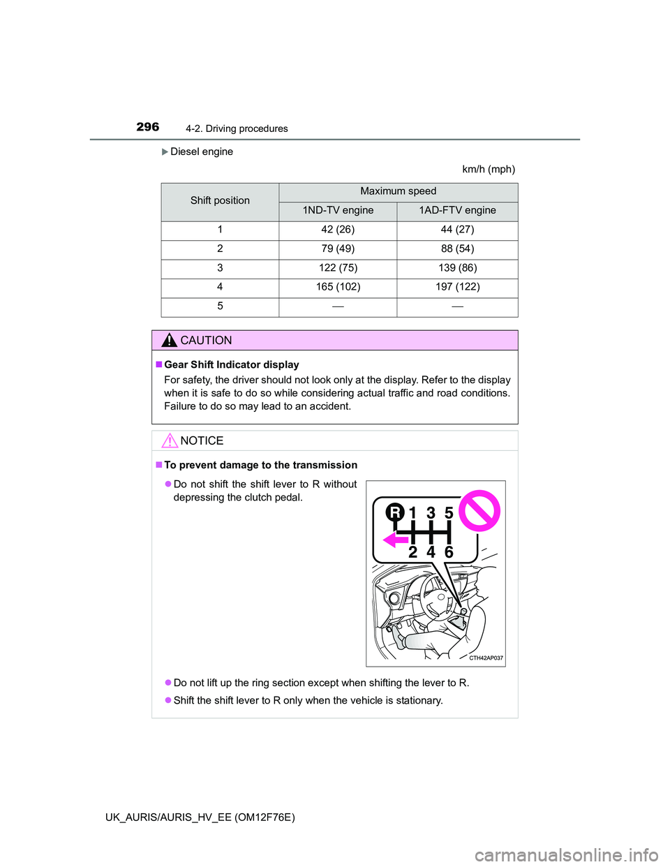 TOYOTA AURIS HYBRID 2013 Owners Manual 2964-2. Driving procedures
UK_AURIS/AURIS_HV_EE (OM12F76E)
Diesel engine
km/h (mph)
Shift positionMaximum speed
1ND-TV engine1AD-FTV engine
142 (26)44 (27)
279 (49)88 (54)
3122 (75)139 (86)
4165 (1 TOYOTA AURIS HYBRID 2013 Owners Manual 2964-2. Driving procedures
UK_AURIS/AURIS_HV_EE (OM12F76E)
Diesel engine
km/h (mph)
Shift positionMaximum speed
1ND-TV engine1AD-FTV engine
142 (26)44 (27)
279 (49)88 (54)
3122 (75)139 (86)
4165 (1