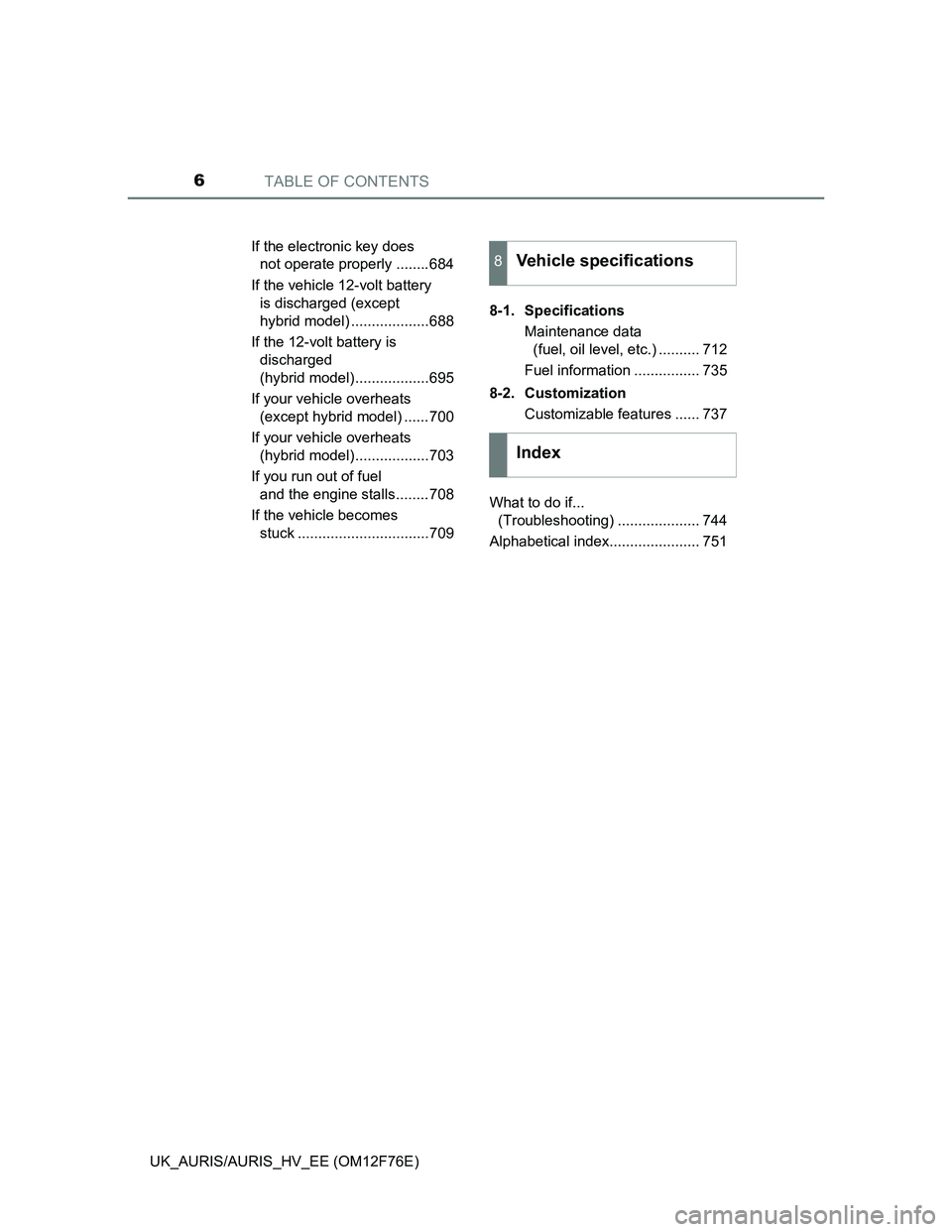 TOYOTA AURIS HYBRID 2013 Owners Manual TABLE OF CONTENTS6
UK_AURIS/AURIS_HV_EE (OM12F76E)If the electronic key does
not operate properly ........684
If the vehicle 12-volt battery
is discharged (except
hybrid model) ...................6 TOYOTA AURIS HYBRID 2013 Owners Manual TABLE OF CONTENTS6
UK_AURIS/AURIS_HV_EE (OM12F76E)If the electronic key does
not operate properly ........684
If the vehicle 12-volt battery
is discharged (except
hybrid model) ...................6