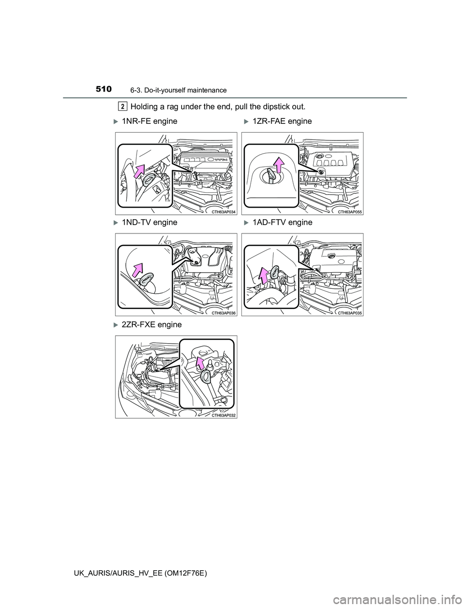 TOYOTA AURIS HYBRID 2013  Owners Manual 5106-3. Do-it-yourself maintenance
UK_AURIS/AURIS_HV_EE (OM12F76E)
Holding a rag under the end, pull the dipstick out.2
1NR-FE engine1ZR-FAE engine
1ND-TV engine1AD-FTV engine
2ZR-FXE e