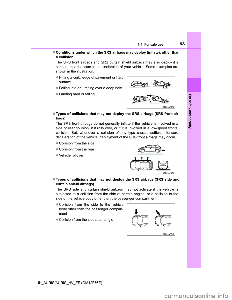 TOYOTA AURIS HYBRID 2013 Workshop Manual 531-1. For safe use
1
For safety and security
UK_AURIS/AURIS_HV_EE (OM12F76E)Conditions under which the SRS airbags may deploy (inflate), other than
a collision 
The SRS front airbags and SRS curta