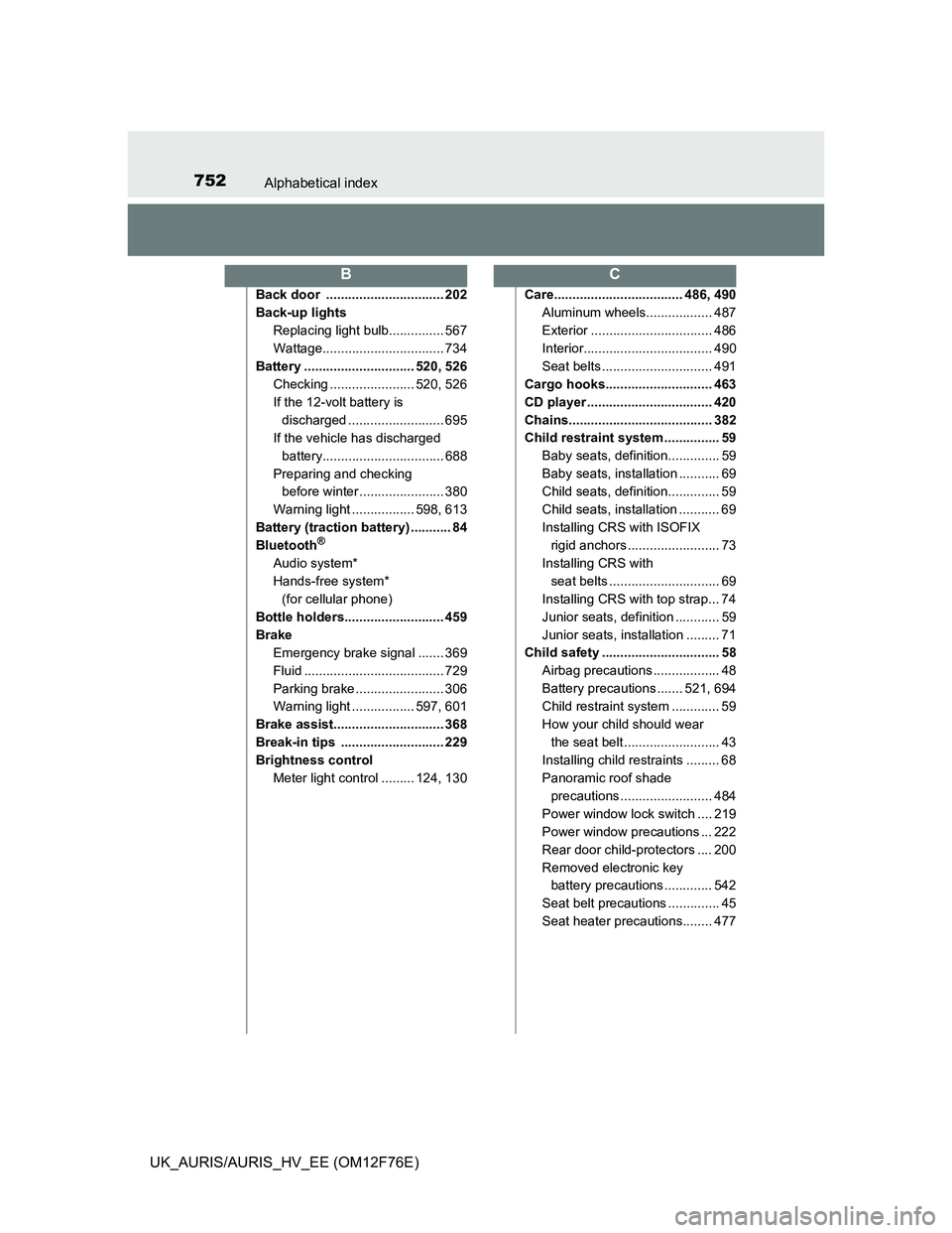 TOYOTA AURIS HYBRID 2013 Owners Manual 752Alphabetical index
UK_AURIS/AURIS_HV_EE (OM12F76E)
Back door ................................ 202
Back-up lights
Replacing light bulb............... 567
Wattage................................. 73 TOYOTA AURIS HYBRID 2013 Owners Manual 752Alphabetical index
UK_AURIS/AURIS_HV_EE (OM12F76E)
Back door ................................ 202
Back-up lights
Replacing light bulb............... 567
Wattage................................. 73