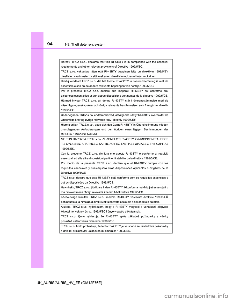 TOYOTA AURIS HYBRID 2013  Owners Manual 941-3. Theft deterrent system
UK_AURIS/AURIS_HV_EE (OM12F76E)
Hereby, TRCZ s.r.o., declares that this RI-43BTY is in compliance with the essential 
requirements and other relevant provisions of Direct