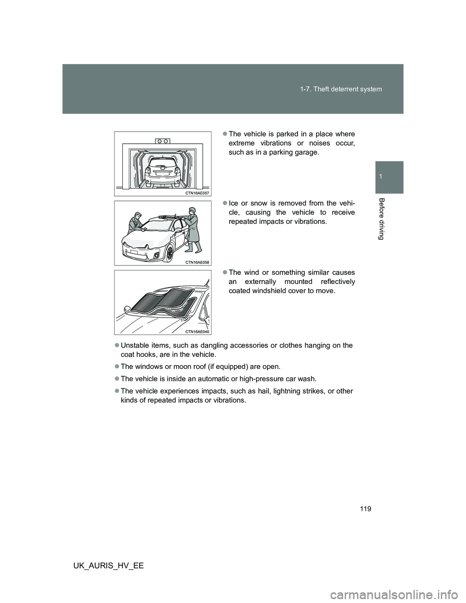 TOYOTA AURIS HYBRID 2012  Owners Manual 119 1-7. Theft deterrent system
1
Before driving
UK_AURIS_HV_EE
Unstable items, such as dangling accessories or clothes hanging on the
coat hooks, are in the vehicle.
The windows or moon roof (i