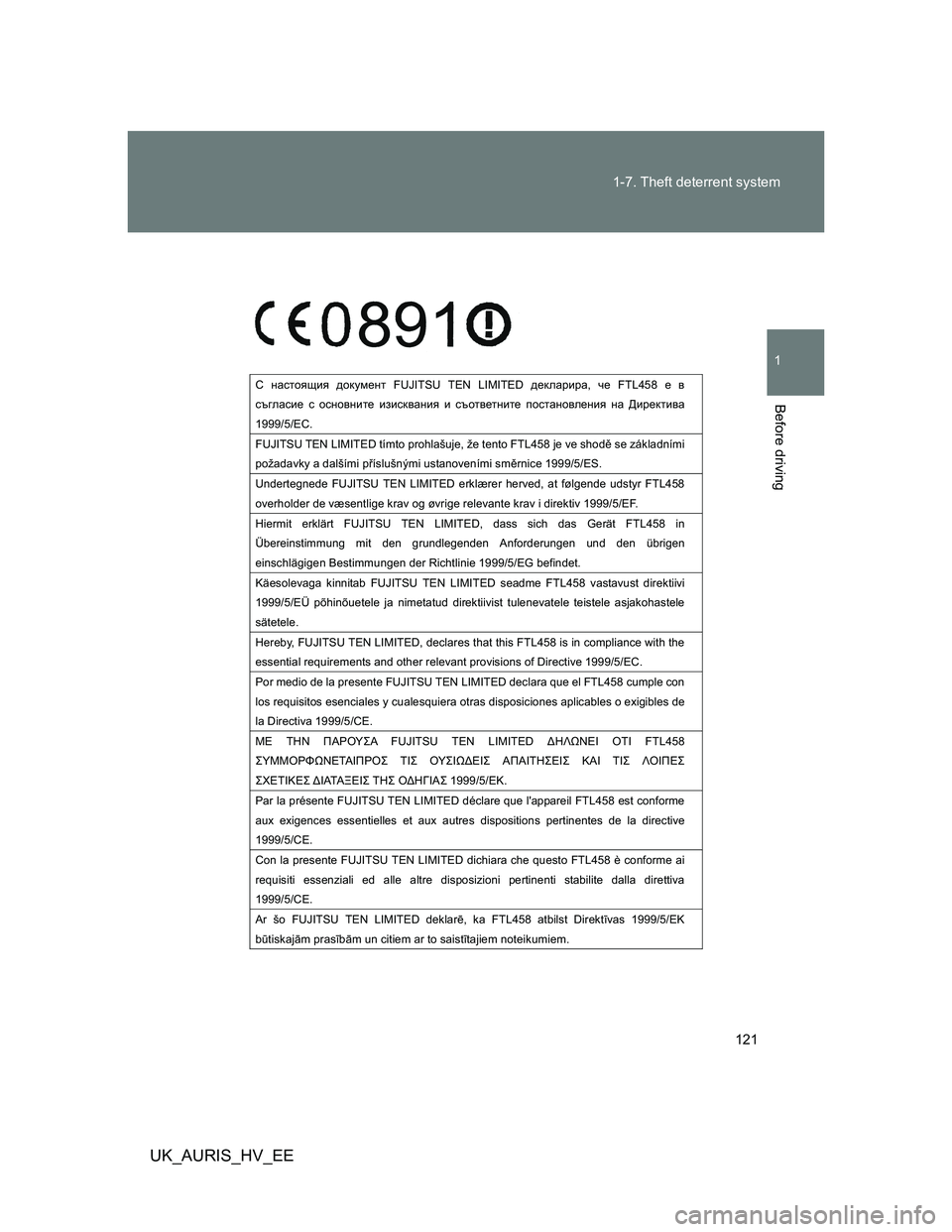 TOYOTA AURIS HYBRID 2012  Owners Manual 121 1-7. Theft deterrent system
1
Before driving
UK_AURIS_HV_EE
 
K gZklhysby ^hdmf_gl FUJITSU TEN LIMITED ^_deZjbjZ, q_ FTL458 _ \ 
kt]eZkb_ k hkgh\gbl