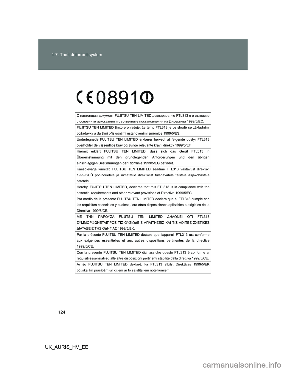 TOYOTA AURIS HYBRID 2012  Owners Manual 124 1-7. Theft deterrent system
UK_AURIS_HV_EE
 
K gZklhysby ^hdmf_gl FUJITSU TEN LIMITED ^_deZjbjZ, q_ FTL313 _ \ kt]eZkb_ 
k hkgh\gbl_ babkd\Z