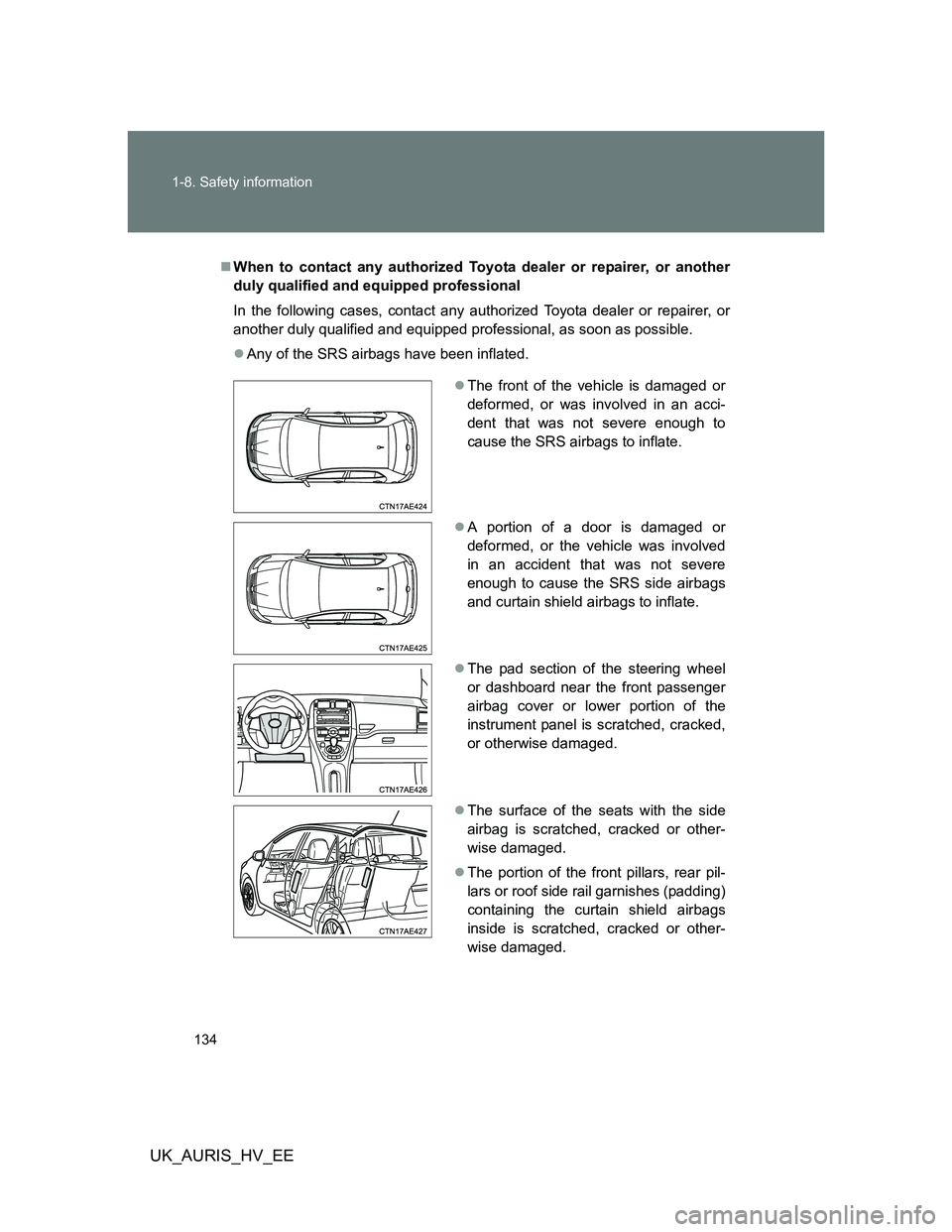 TOYOTA AURIS HYBRID 2012 Owners Manual 134 1-8. Safety information
UK_AURIS_HV_EE
When to contact any authorized Toyota dealer or repairer, or another
duly qualified and equipped professional
In the following cases, contact any authoriz TOYOTA AURIS HYBRID 2012 Owners Manual 134 1-8. Safety information
UK_AURIS_HV_EE
When to contact any authorized Toyota dealer or repairer, or another
duly qualified and equipped professional
In the following cases, contact any authoriz