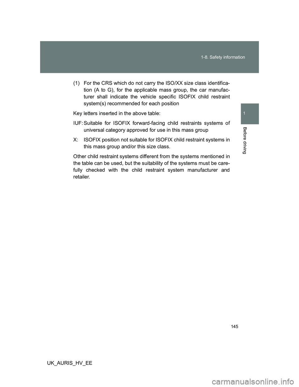 TOYOTA AURIS HYBRID 2012  Owners Manual 145 1-8. Safety information
1
Before driving
UK_AURIS_HV_EE(1) For the CRS which do not carry the ISO/XX size class identifica-
tion (A to G), for the applicable mass group, the car manufac-
turer sha