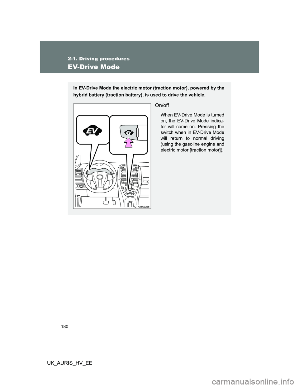 TOYOTA AURIS HYBRID 2012 Owners Manual 180
2-1. Driving procedures
UK_AURIS_HV_EE
EV-Drive Mode
In EV-Drive Mode the electric motor (traction motor), powered by the
hybrid battery (traction battery), is used to drive the vehicle.
On/off
Wh TOYOTA AURIS HYBRID 2012 Owners Manual 180
2-1. Driving procedures
UK_AURIS_HV_EE
EV-Drive Mode
In EV-Drive Mode the electric motor (traction motor), powered by the
hybrid battery (traction battery), is used to drive the vehicle.
On/off
Wh