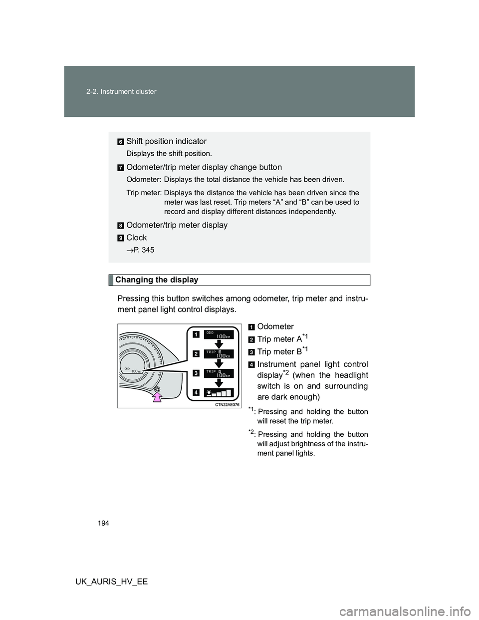 TOYOTA AURIS HYBRID 2012  Owners Manual 194 2-2. Instrument cluster
UK_AURIS_HV_EE
Changing the display 
Pressing this button switches among odometer, trip meter and instru-
ment panel light control displays.
Odometer
Trip meter A
*1
Trip m