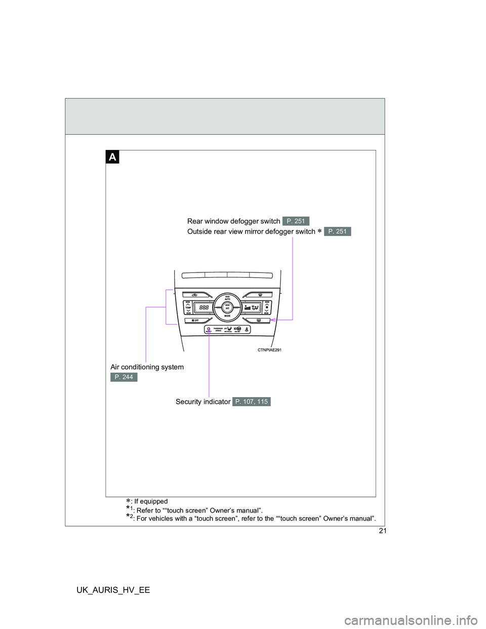 TOYOTA AURIS HYBRID 2011 Owners Manual UK_AURIS_HV_EE
21
: If equipped
*1: Refer to ““touch screen” Owner’s manual”.
*2: For vehicles with a “touch screen”, refer to the ““touch screen” Owner’s manual”.
A
Rear wi TOYOTA AURIS HYBRID 2011 Owners Manual UK_AURIS_HV_EE
21
: If equipped
*1: Refer to ““touch screen” Owner’s manual”.
*2: For vehicles with a “touch screen”, refer to the ““touch screen” Owner’s manual”.
A
Rear wi