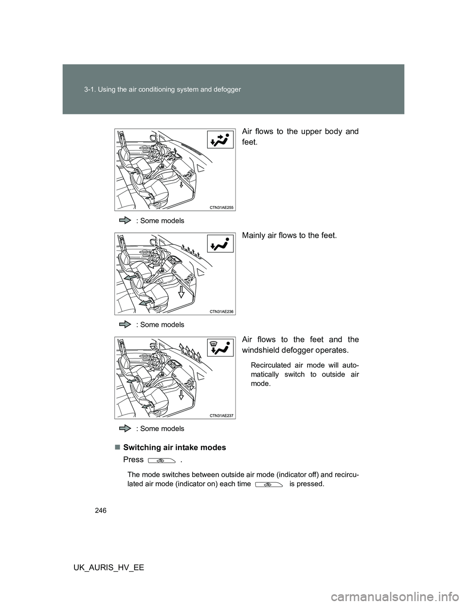 TOYOTA AURIS HYBRID 2012  Owners Manual 246 3-1. Using the air conditioning system and defogger
UK_AURIS_HV_EEAir flows to the upper body and
feet.
: Some models
Mainly air flows to the feet.
: Some models
Air flows to the feet and the
wind