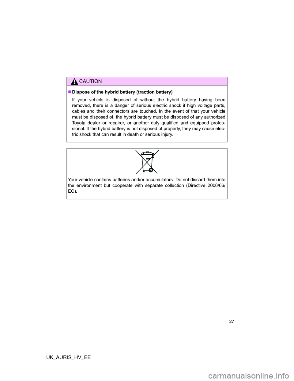 TOYOTA AURIS HYBRID 2011 Owners Manual UK_AURIS_HV_EE
27
CAUTION
Dispose of the hybrid battery (traction battery)
If your vehicle is disposed of without the hybrid battery having been
removed, there is a danger of serious electric shock TOYOTA AURIS HYBRID 2011 Owners Manual UK_AURIS_HV_EE
27
CAUTION
Dispose of the hybrid battery (traction battery)
If your vehicle is disposed of without the hybrid battery having been
removed, there is a danger of serious electric shock