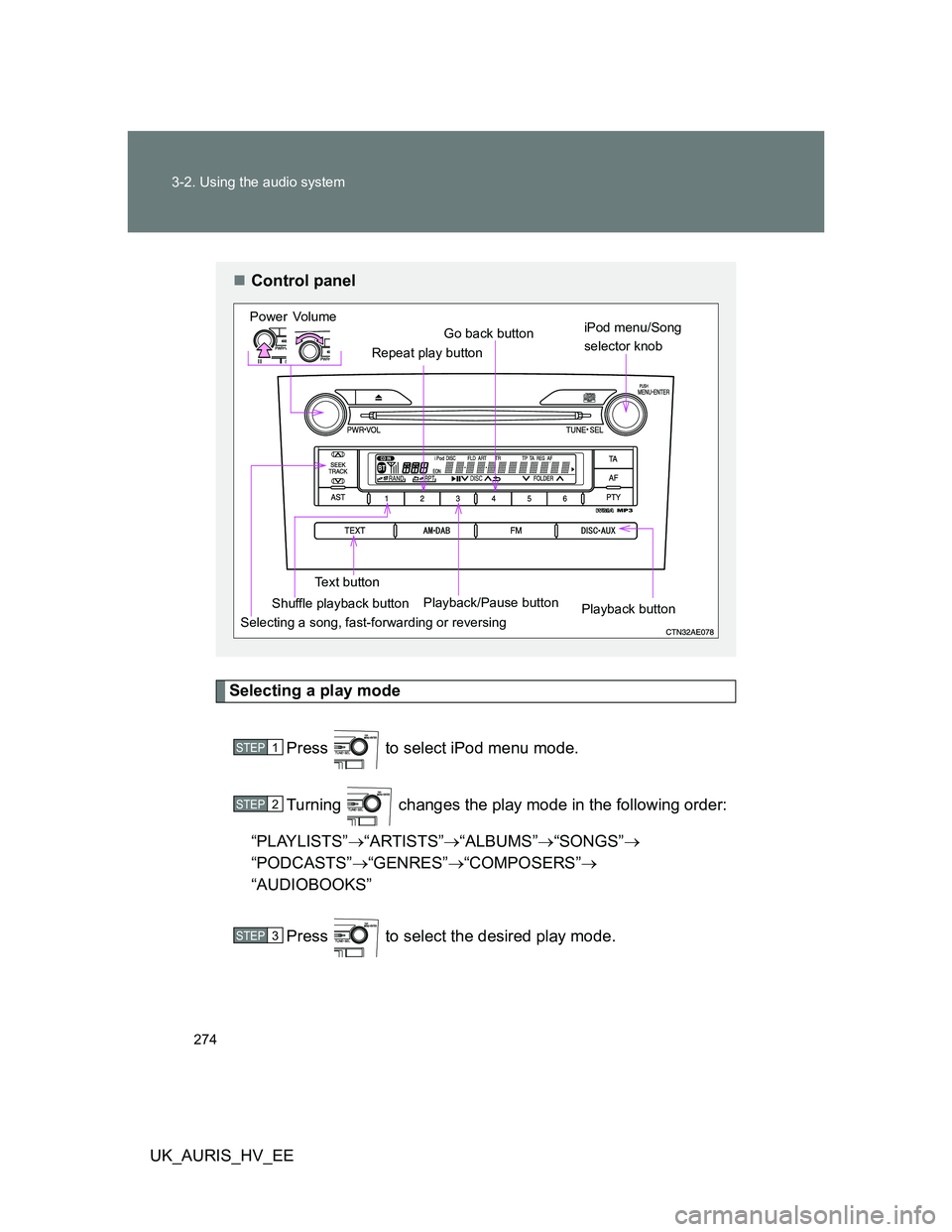 TOYOTA AURIS HYBRID 2012 Owners Manual 274 3-2. Using the audio system
UK_AURIS_HV_EE
Selecting a play mode
Press to select iPod menu mode.
Turning changes the play mode in the following order:
“PLAYLISTS”“ARTISTS”“ALBU TOYOTA AURIS HYBRID 2012 Owners Manual 274 3-2. Using the audio system
UK_AURIS_HV_EE
Selecting a play mode
Press to select iPod menu mode.
Turning changes the play mode in the following order:
“PLAYLISTS”“ARTISTS”“ALBU