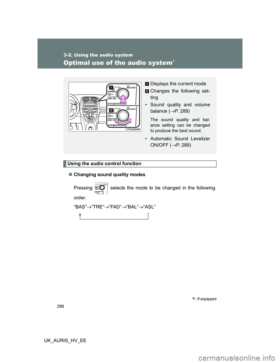 TOYOTA AURIS HYBRID 2012 Owners Manual 288
3-2. Using the audio system
UK_AURIS_HV_EE
Optimal use of the audio system
Using the audio control function
Changing sound quality modes
Pressing selects the mode to be changed in the foll TOYOTA AURIS HYBRID 2012 Owners Manual 288
3-2. Using the audio system
UK_AURIS_HV_EE
Optimal use of the audio system
Using the audio control function
Changing sound quality modes
Pressing selects the mode to be changed in the foll