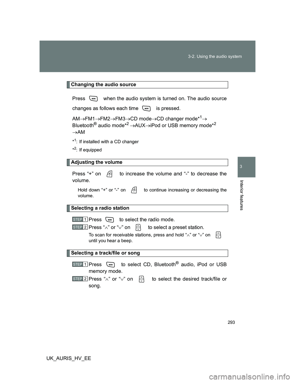 TOYOTA AURIS HYBRID 2012  Owners Manual 293 3-2. Using the audio system
3
Interior features
UK_AURIS_HV_EE
Changing the audio source
Press   when the audio system is turned on. The audio source
changes as follows each time   is pressed.
AM