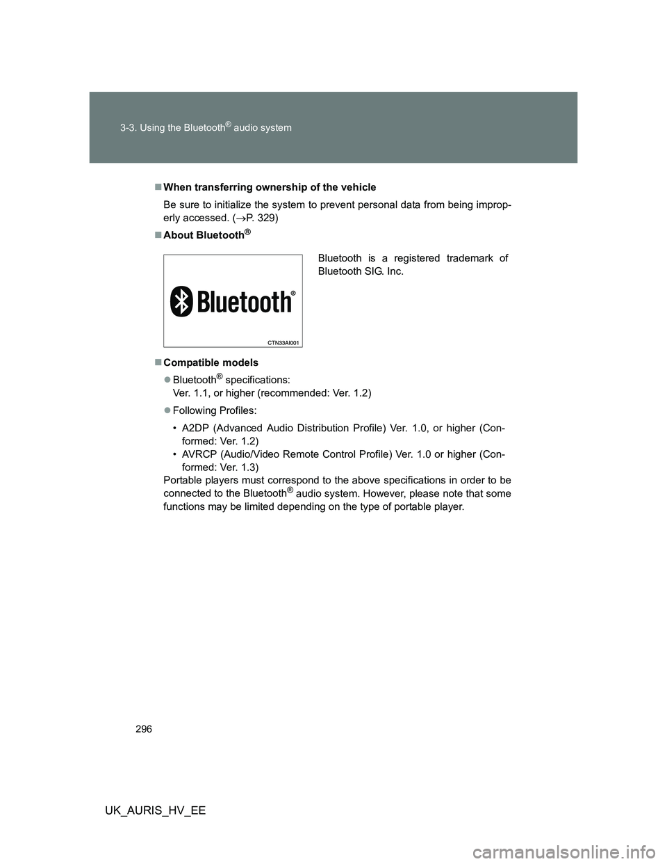 TOYOTA AURIS HYBRID 2012  Owners Manual 296 3-3. Using the Bluetooth
® audio system
UK_AURIS_HV_EE
When transferring ownership of the vehicle
Be sure to initialize the system to prevent personal data from being improp-
erly accessed. (