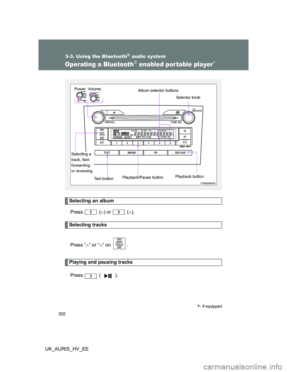 TOYOTA AURIS HYBRID 2012  Owners Manual 302
3-3. Using the Bluetooth® audio system
UK_AURIS_HV_EE
Operating a Bluetooth® enabled por table player
Selecting an album
Press  () or   ().
Selecting tracks
Press “” or “”