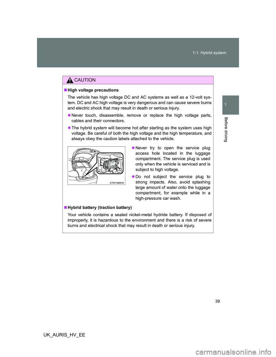 TOYOTA AURIS HYBRID 2011 Owners Guide 39 1-1. Hybrid system
1
Before driving
UK_AURIS_HV_EE
CAUTION
High voltage precautions
The vehicle has high voltage DC and AC systems as well as a 12-volt sys-
tem. DC and AC high voltage is very d TOYOTA AURIS HYBRID 2011 Owners Guide 39 1-1. Hybrid system
1
Before driving
UK_AURIS_HV_EE
CAUTION
High voltage precautions
The vehicle has high voltage DC and AC systems as well as a 12-volt sys-
tem. DC and AC high voltage is very d