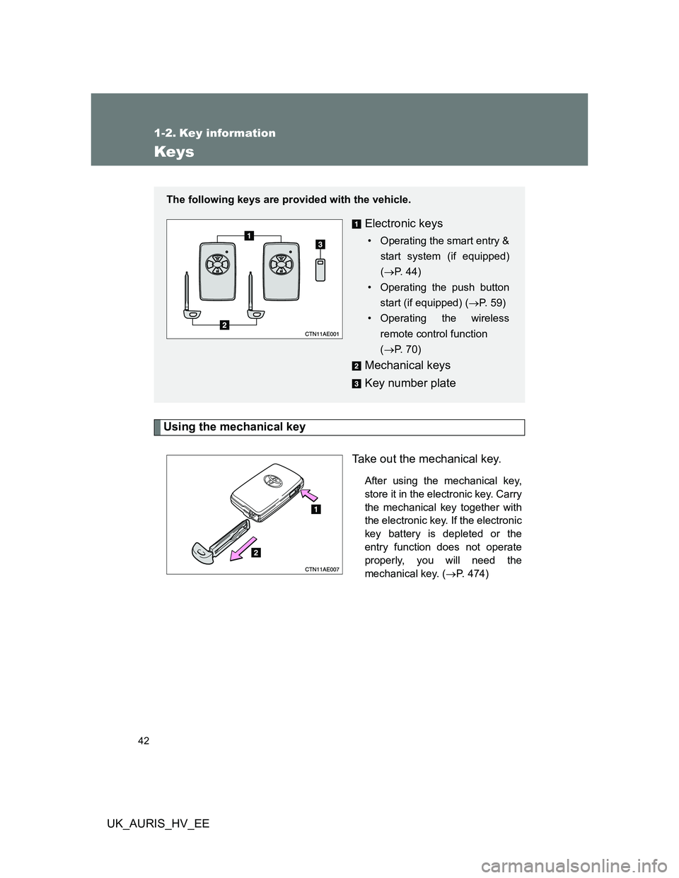 TOYOTA AURIS HYBRID 2012 Service Manual 42
UK_AURIS_HV_EE
1-2. Key information
Keys
Using the mechanical key
Take out the mechanical key.
After using the mechanical key,
store it in the electronic key. Carry
the mechanical key together with TOYOTA AURIS HYBRID 2012 Service Manual 42
UK_AURIS_HV_EE
1-2. Key information
Keys
Using the mechanical key
Take out the mechanical key.
After using the mechanical key,
store it in the electronic key. Carry
the mechanical key together with