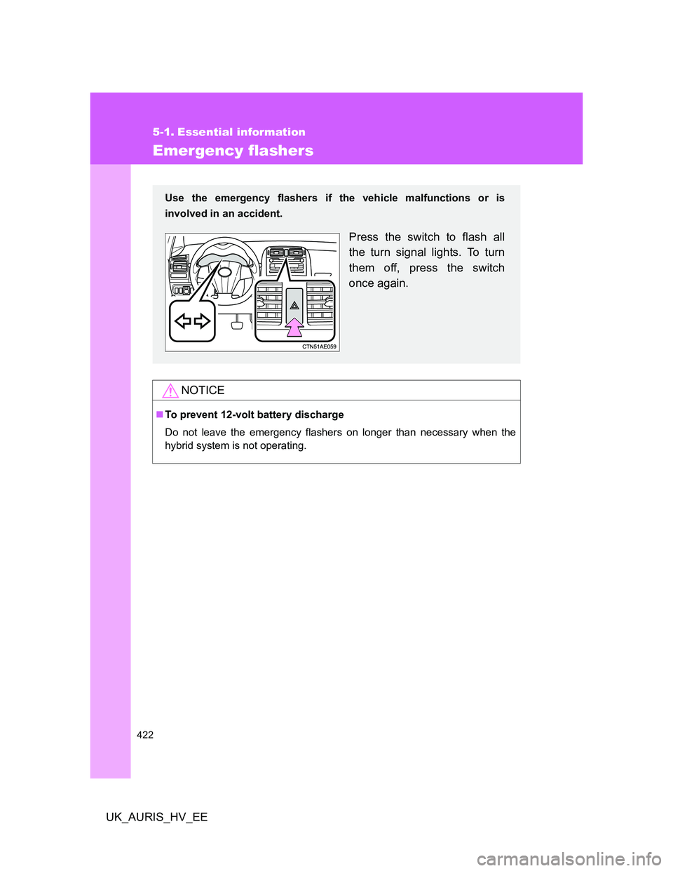 TOYOTA AURIS HYBRID 2012 Owners Manual 422
UK_AURIS_HV_EE
5-1. Essential information
Emergency flashers
NOTICE
To prevent 12-volt battery discharge
Do not leave the emergency flashers on longer than necessary when the
hybrid system is n TOYOTA AURIS HYBRID 2012 Owners Manual 422
UK_AURIS_HV_EE
5-1. Essential information
Emergency flashers
NOTICE
To prevent 12-volt battery discharge
Do not leave the emergency flashers on longer than necessary when the
hybrid system is n