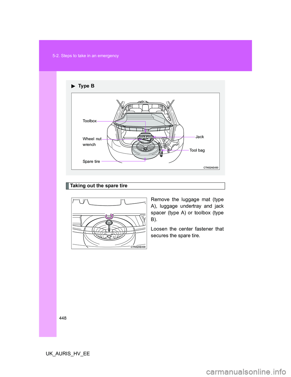 TOYOTA AURIS HYBRID 2012  Owners Manual 448 5-2. Steps to take in an emergency
UK_AURIS_HV_EE
Taking out the spare tire
Remove the luggage mat (type
A), luggage undertray and jack
spacer (type A) or toolbox (type
B).
Loosen the center faste