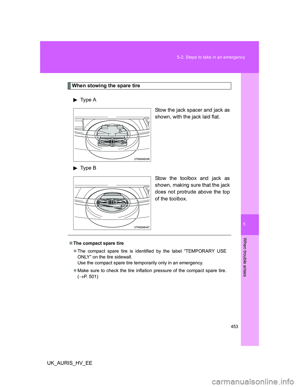 TOYOTA AURIS HYBRID 2012  Owners Manual 5
453 5-2. Steps to take in an emergency
When trouble arises
UK_AURIS_HV_EE
When stowing the spare tire
 Type A
Stow the jack spacer and jack as
shown, with the jack laid flat.
 Type B
Stow the toolbo