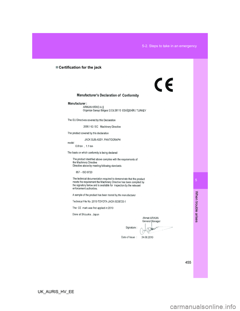 TOYOTA AURIS HYBRID 2012  Owners Manual 5
455 5-2. Steps to take in an emergency
When trouble arises
UK_AURIS_HV_EE
Certification for the jack 