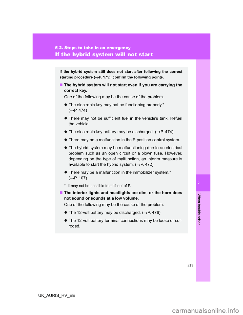 TOYOTA AURIS HYBRID 2012 Owners Manual 5
471
5-2. Steps to take in an emergency
When trouble arises
UK_AURIS_HV_EE
If the hybrid system will not start
If the hybrid system still does not start after following the correct
starting procedure TOYOTA AURIS HYBRID 2012 Owners Manual 5
471
5-2. Steps to take in an emergency
When trouble arises
UK_AURIS_HV_EE
If the hybrid system will not start
If the hybrid system still does not start after following the correct
starting procedure