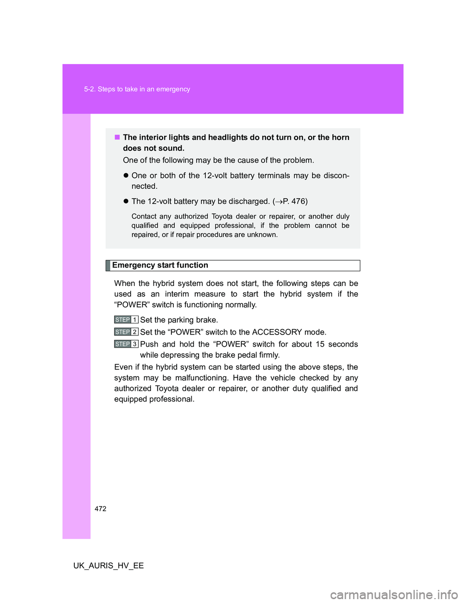 TOYOTA AURIS HYBRID 2012 Owners Manual 472 5-2. Steps to take in an emergency
UK_AURIS_HV_EE
Emergency start function
When the hybrid system does not start, the following steps can be
used as an interim measure to start the hybrid system i TOYOTA AURIS HYBRID 2012 Owners Manual 472 5-2. Steps to take in an emergency
UK_AURIS_HV_EE
Emergency start function
When the hybrid system does not start, the following steps can be
used as an interim measure to start the hybrid system i