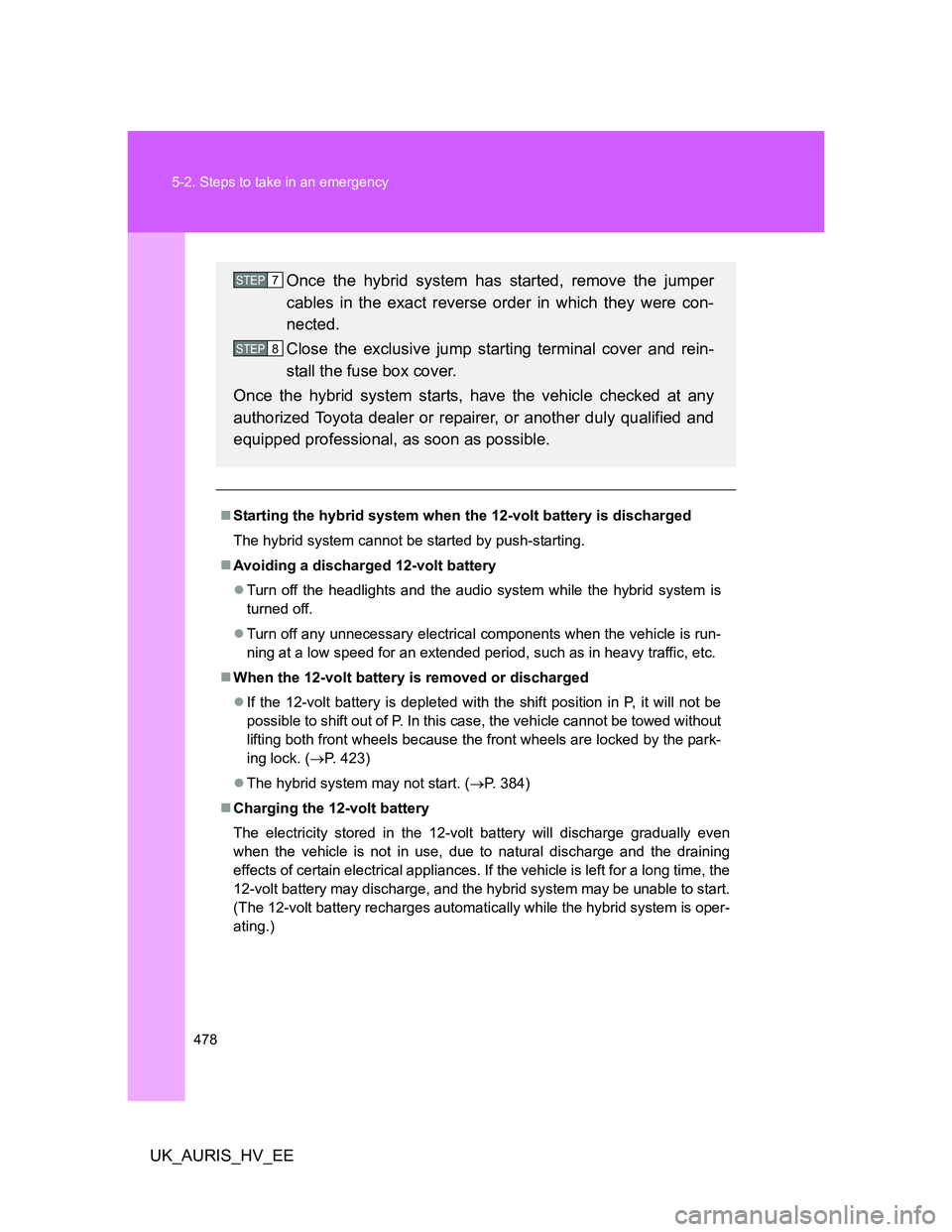 TOYOTA AURIS HYBRID 2012 Manual PDF 478 5-2. Steps to take in an emergency
UK_AURIS_HV_EE
Starting the hybrid system when the 12-volt battery is discharged
The hybrid system cannot be started by push-starting. 
Avoiding a discharg