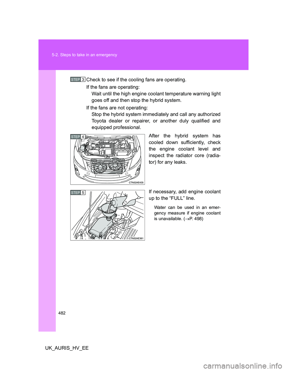 TOYOTA AURIS HYBRID 2012  Owners Manual 482 5-2. Steps to take in an emergency
UK_AURIS_HV_EECheck to see if the cooling fans are operating.
If the fans are operating: 
Wait until the high engine coolant temperature warning light
goes off a