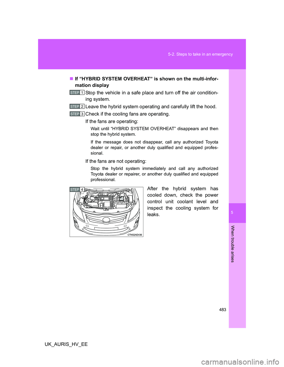 TOYOTA AURIS HYBRID 2012  Owners Manual 5
483 5-2. Steps to take in an emergency
When trouble arises
UK_AURIS_HV_EEIf “HYBRID SYSTEM OVERHEAT” is shown on the multi-infor-
mation display
Stop the vehicle in a safe place and turn off 