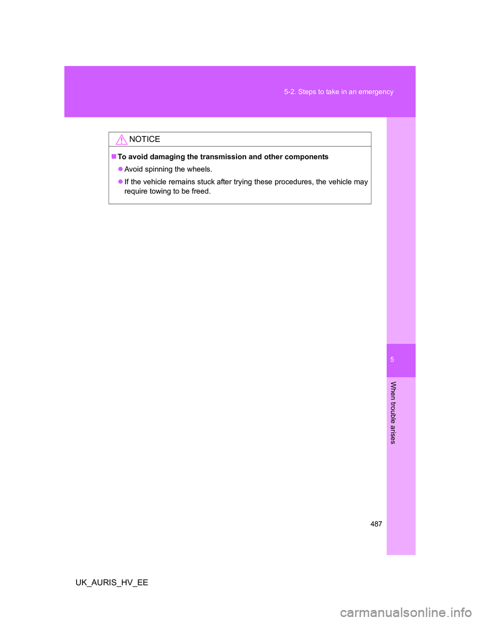 TOYOTA AURIS HYBRID 2012  Owners Manual 5
487 5-2. Steps to take in an emergency
When trouble arises
UK_AURIS_HV_EE
NOTICE
To avoid damaging the transmission and other components
Avoid spinning the wheels.
If the vehicle remains st