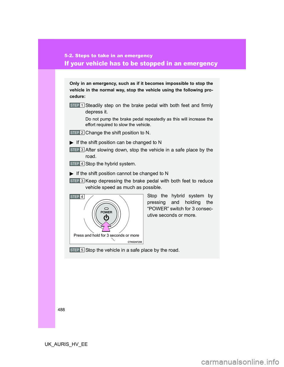 TOYOTA AURIS HYBRID 2012  Owners Manual 488
5-2. Steps to take in an emergency
UK_AURIS_HV_EE
If your vehicle has to be stopped in an emergency
Only in an emergency, such as if it becomes impossible to stop the
vehicle in the normal way, st