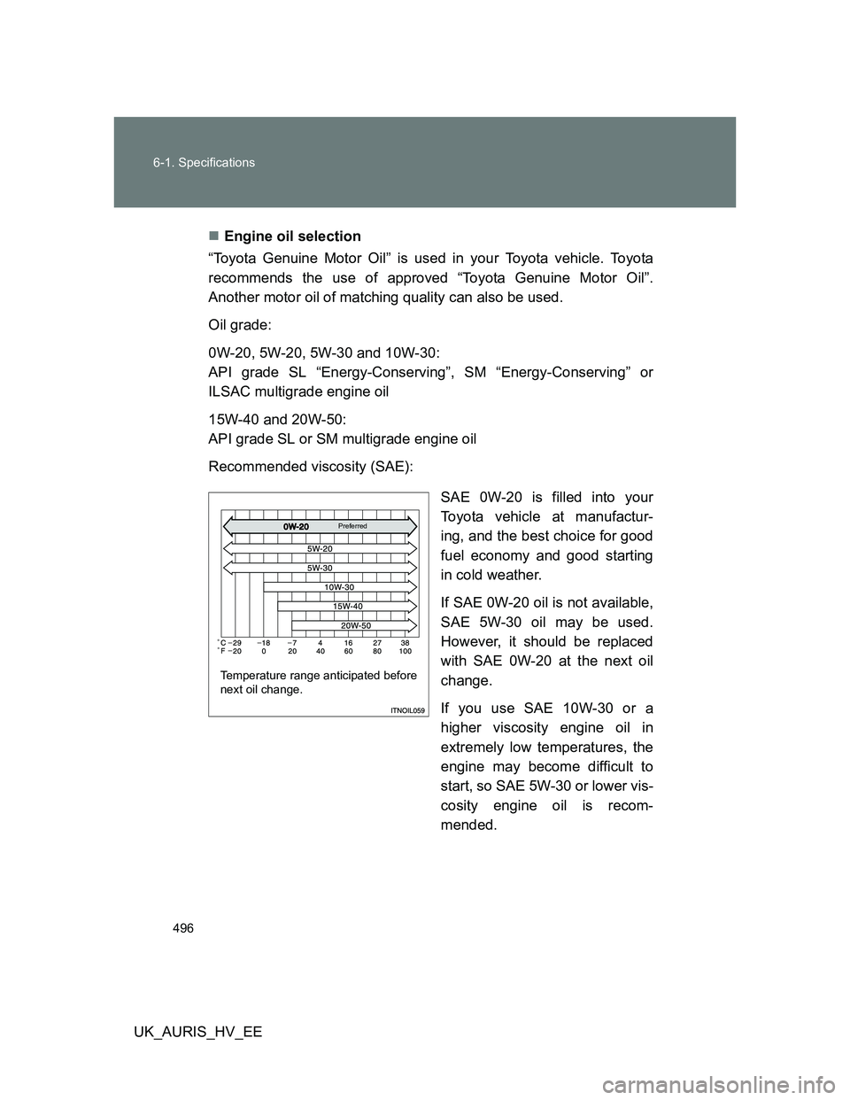 TOYOTA AURIS HYBRID 2012 Owners Manual 496 6-1. Specifications
UK_AURIS_HV_EEEngine oil selection
“Toyota Genuine Motor Oil” is used in your Toyota vehicle. Toyota
recommends the use of approved “Toyota Genuine Motor Oil”.
Anoth TOYOTA AURIS HYBRID 2012 Owners Manual 496 6-1. Specifications
UK_AURIS_HV_EEEngine oil selection
“Toyota Genuine Motor Oil” is used in your Toyota vehicle. Toyota
recommends the use of approved “Toyota Genuine Motor Oil”.
Anoth