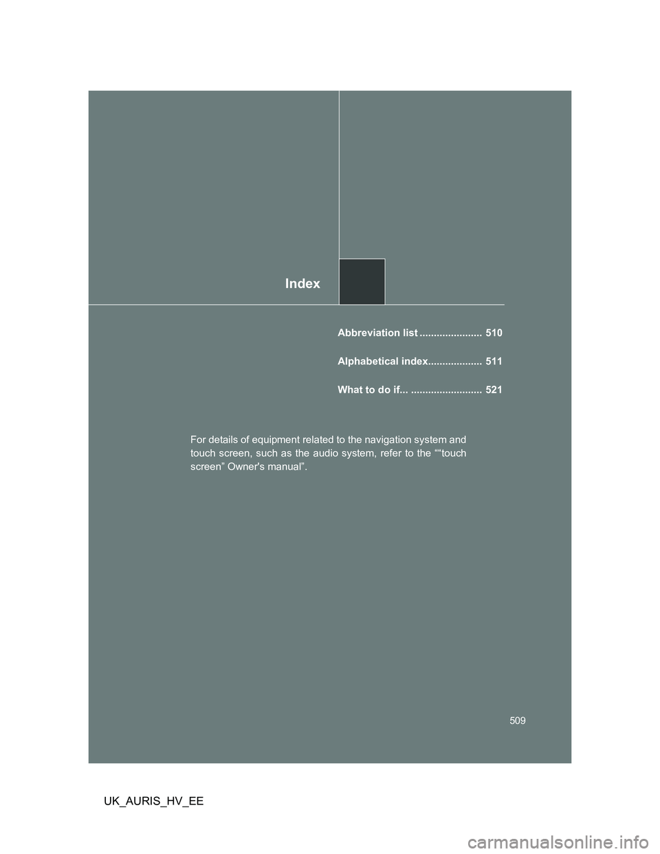 TOYOTA AURIS HYBRID 2012 Manual PDF Index
509
UK_AURIS_HV_EE
Abbreviation list ......................  510
Alphabetical index...................  511
What to do if... .........................  521
For details of equipment related to th