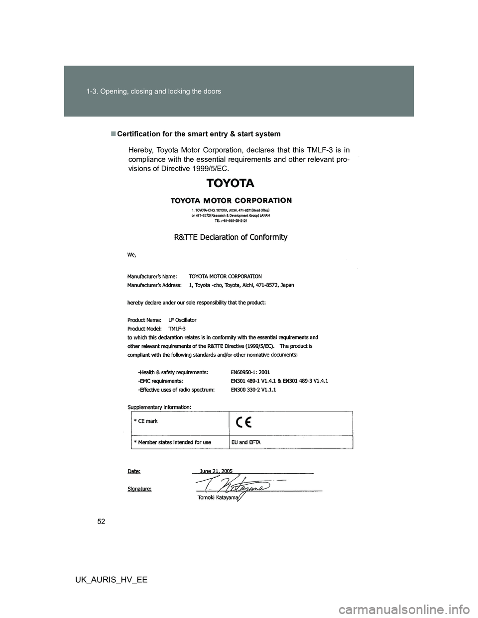 TOYOTA AURIS HYBRID 2012 Workshop Manual 52 1-3. Opening, closing and locking the doors
UK_AURIS_HV_EE
Certification for the smart entry & start system
Hereby, Toyota Motor Corporation, declares that this TMLF-3 is in
compliance with the TOYOTA AURIS HYBRID 2012 Workshop Manual 52 1-3. Opening, closing and locking the doors
UK_AURIS_HV_EE
Certification for the smart entry & start system
Hereby, Toyota Motor Corporation, declares that this TMLF-3 is in
compliance with the
