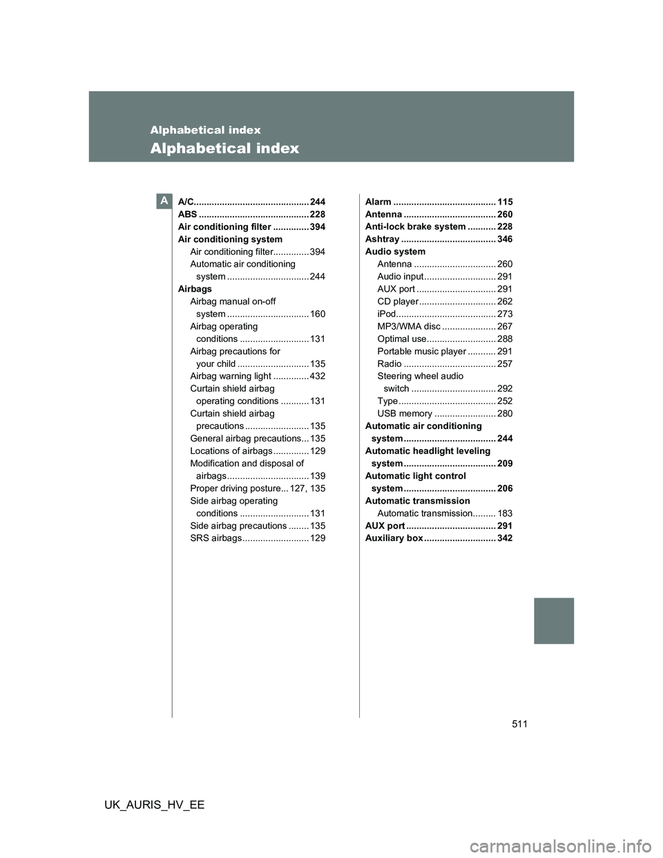 TOYOTA AURIS HYBRID 2012 Manual PDF 511
UK_AURIS_HV_EE
Alphabetical index
Alphabetical index
A/C............................................. 244
ABS ........................................... 228
Air conditioning filter ..............