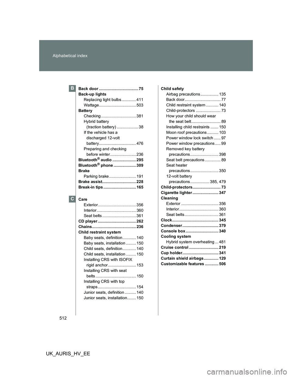 TOYOTA AURIS HYBRID 2012 Manual PDF 512 Alphabetical index
UK_AURIS_HV_EE
Back door ................................... 75
Back-up lights
Replacing light bulbs ............. 411
Wattage................................. 503
Battery
Check