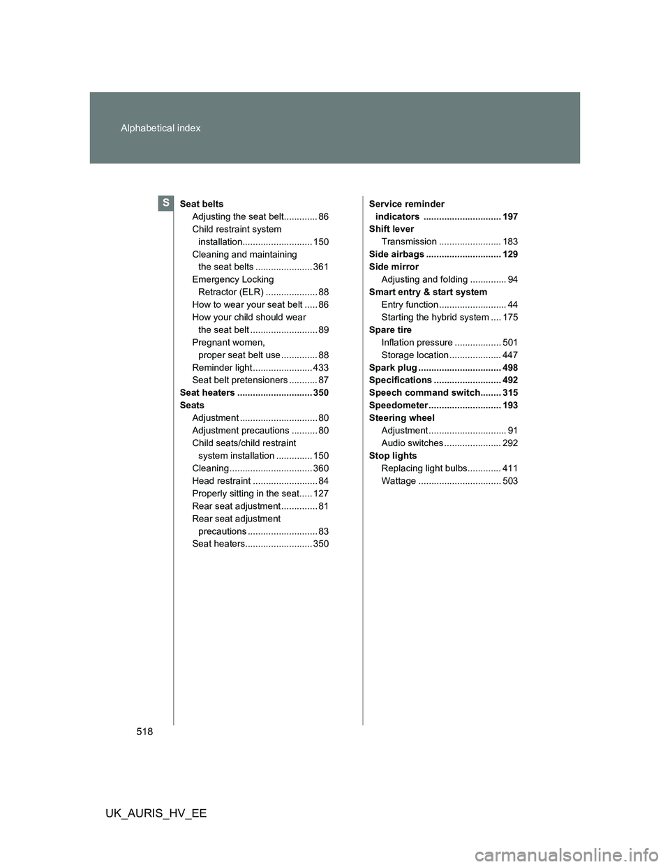 TOYOTA AURIS HYBRID 2012 Manual PDF 518 Alphabetical index
UK_AURIS_HV_EE
Seat belts
Adjusting the seat belt............. 86
Child restraint system 
installation........................... 150
Cleaning and maintaining 
the seat belts ..