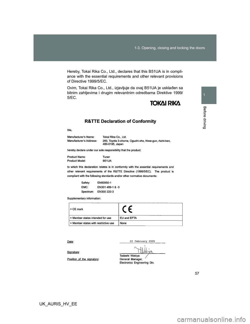 TOYOTA AURIS HYBRID 2012 Workshop Manual 57 1-3. Opening, closing and locking the doors
1
Before driving
UK_AURIS_HV_EE
Hereby, Tokai Rika Co., Ltd., declares that this B51UA is in compli-
ance with the essential requirements and other relev TOYOTA AURIS HYBRID 2012 Workshop Manual 57 1-3. Opening, closing and locking the doors
1
Before driving
UK_AURIS_HV_EE
Hereby, Tokai Rika Co., Ltd., declares that this B51UA is in compli-
ance with the essential requirements and other relev