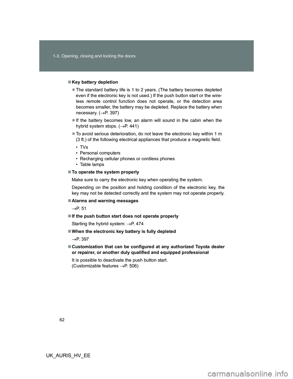 TOYOTA AURIS HYBRID 2012 Repair Manual 62 1-3. Opening, closing and locking the doors
UK_AURIS_HV_EE
Key battery depletion
The standard battery life is 1 to 2 years. (The battery becomes depleted
even if the electronic key is not use TOYOTA AURIS HYBRID 2012 Repair Manual 62 1-3. Opening, closing and locking the doors
UK_AURIS_HV_EE
Key battery depletion
The standard battery life is 1 to 2 years. (The battery becomes depleted
even if the electronic key is not use