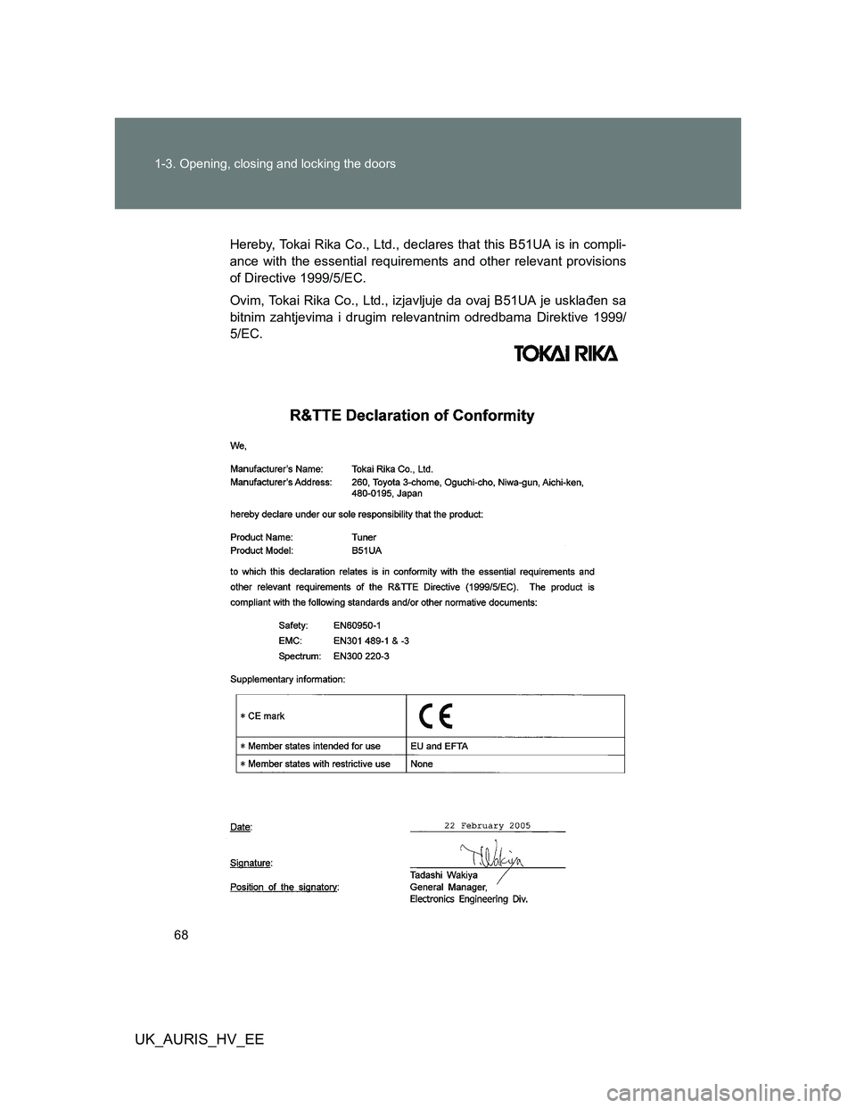 TOYOTA AURIS HYBRID 2012 Repair Manual 68 1-3. Opening, closing and locking the doors
UK_AURIS_HV_EE
Hereby, Tokai Rika Co., Ltd., declares that this B51UA is in compli-
ance with the essential requirements and other relevant provisions
of TOYOTA AURIS HYBRID 2012 Repair Manual 68 1-3. Opening, closing and locking the doors
UK_AURIS_HV_EE
Hereby, Tokai Rika Co., Ltd., declares that this B51UA is in compli-
ance with the essential requirements and other relevant provisions
of