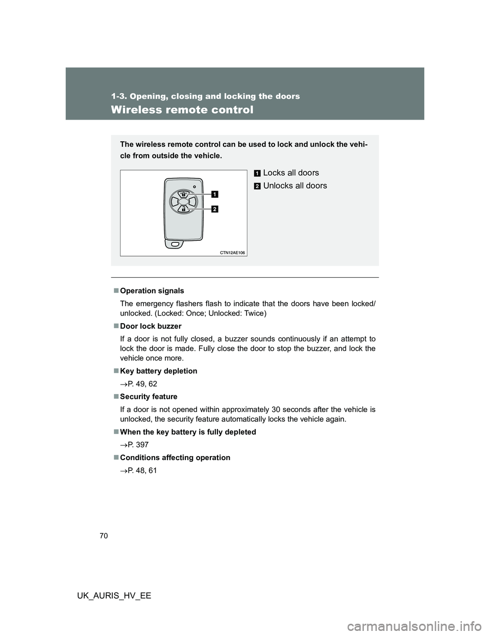 TOYOTA AURIS HYBRID 2012 Repair Manual 70
1-3. Opening, closing and locking the doors
UK_AURIS_HV_EE
Wireless remote control
Operation signals
The emergency flashers flash to indicate that the doors have been locked/
unlocked. (Locked: TOYOTA AURIS HYBRID 2012 Repair Manual 70
1-3. Opening, closing and locking the doors
UK_AURIS_HV_EE
Wireless remote control
Operation signals
The emergency flashers flash to indicate that the doors have been locked/
unlocked. (Locked: