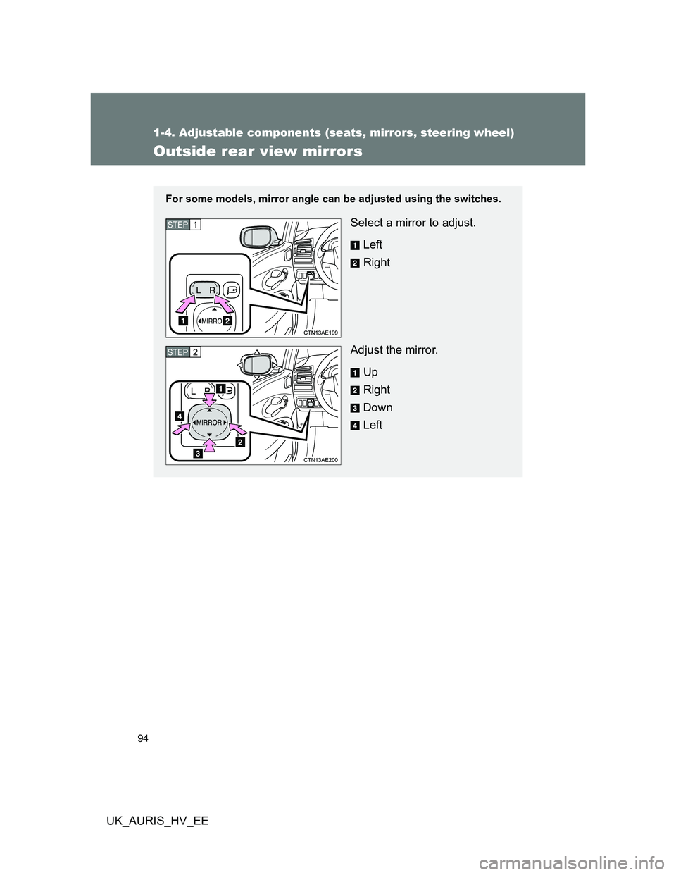 TOYOTA AURIS HYBRID 2012  Owners Manual 94
1-4. Adjustable components (seats, mirrors, steering wheel)
UK_AURIS_HV_EE
Outside rear view mirrors
For some models, mirror angle can be adjusted using the switches.
Select a mirror to adjust.
Lef