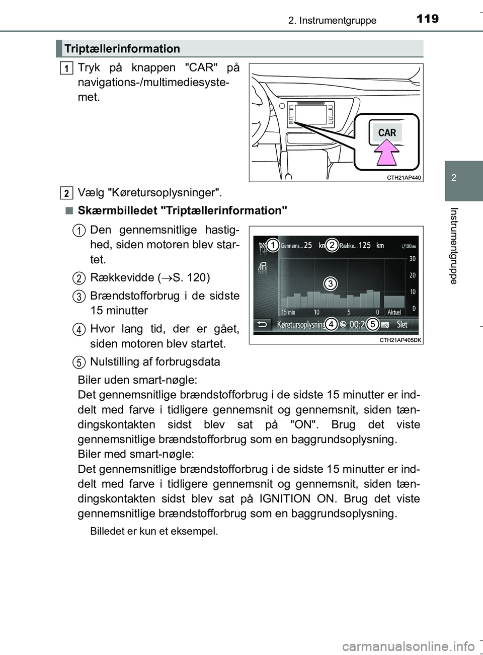 TOYOTA AURIS TOURING SPORTS 2016 Brugsanvisning (in Danish) 1192. Instrumentgruppe
OM12L13DK_Auris TS
2
Instrumentgruppe
Tryk på knappen "CAR" på
navigations-/multimediesyste-
met.
Vælg "Køretursoplysninger".
nSkærmbilledet "Triptællerinformation"
Den ge TOYOTA AURIS TOURING SPORTS 2016 Brugsanvisning (in Danish) 1192. Instrumentgruppe
OM12L13DK_Auris TS
2
Instrumentgruppe
Tryk på knappen "CAR" på
navigations-/multimediesyste-
met.
Vælg "Køretursoplysninger".
nSkærmbilledet "Triptællerinformation"
Den ge