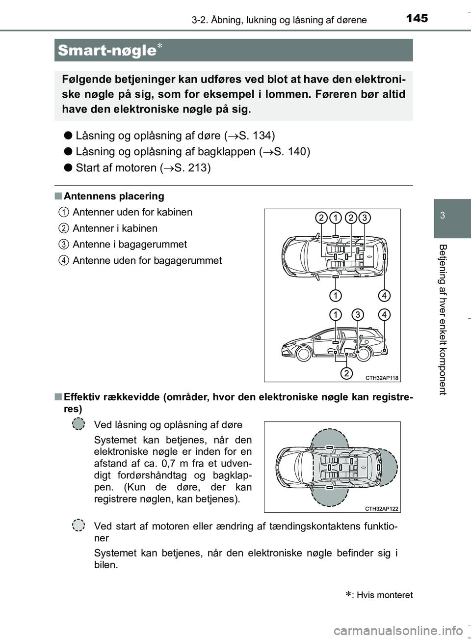 TOYOTA AURIS TOURING SPORTS 2016  Brugsanvisning (in Danish) 1453-2. Åbning, lukning og låsning af dørene
OM12L13DK_Auris TS
3
Betjening af hver enkelt komponent
lLåsning og oplåsning af døre ( S. 134)
l Låsning og oplåsning af bagklappen ( S. 140