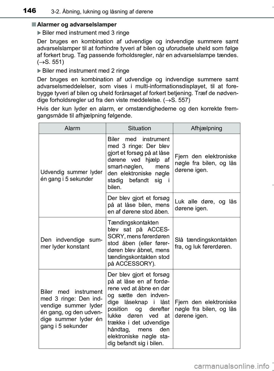 TOYOTA AURIS TOURING SPORTS 2016  Brugsanvisning (in Danish) 1463-2. Åbning, lukning og låsning af dørene
OM12L13DK_Auris TSn
Alarmer og advarselslamper
Biler med instrument med 3 ringe
Der bruges en kombination af udvendige og indvendige summere samt
adv